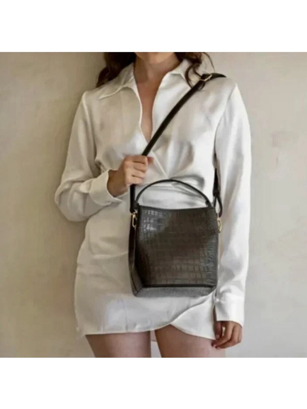 All Of The Above AOTA Elena Croc Embossed Bucket Bag Black NWT